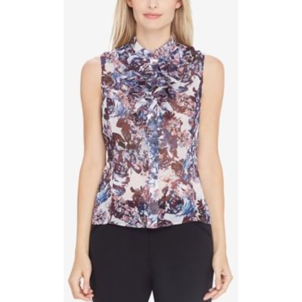 Tahari ASL Sheer Lightweight Ruffled Top Sleeveless Floral Blouse Plus Size 2X